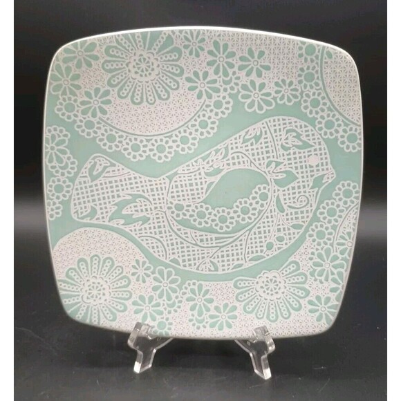 Roscher Canary Plate Embossed Bird Boho Teal Floral Square - Picture 1 of 6
